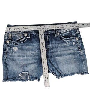 Miss Me Mid-Rise Easy Straight Cutoff Shorts Size 31 Blue Distressed Sequin